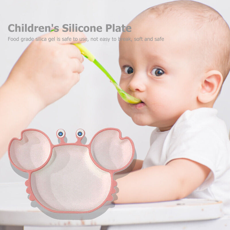 Baby Silicone Plate Kids Cartoon Crab Dishes Suction Feeding Bowls (Pink) Newly