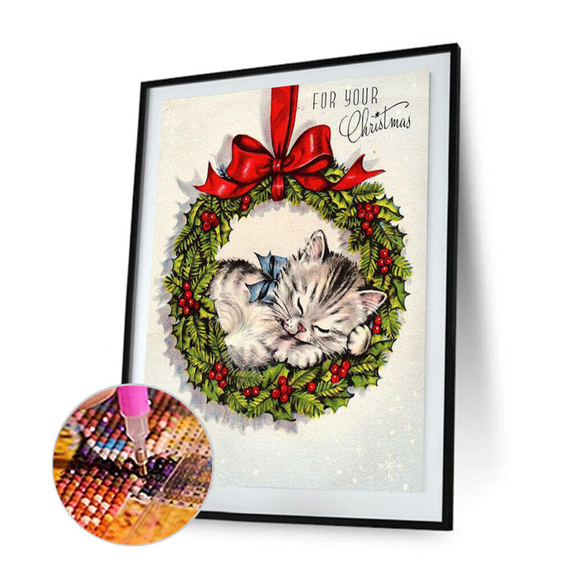 5D DIY Full Round Drill Diamond Painting Xmas Wreath Cat Art Craft Decor Gift