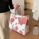 Women Leather Plush Print Handbag Winter Retro Large Capacity Tote Shopping Bags