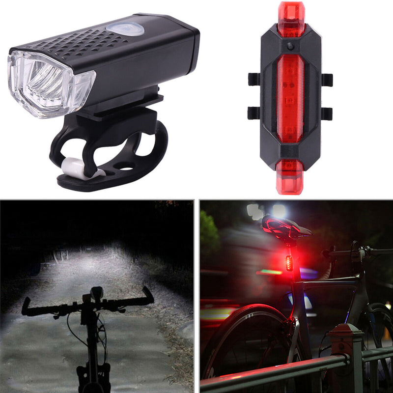 USB Cycling Headlamps Rechargeable Bicycle Front+Rear Light Kit Riding Equipment