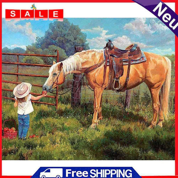 Frameless Oil Paint By Numbers DIY Feeding Horse Girl Picture Craft Kit for Home