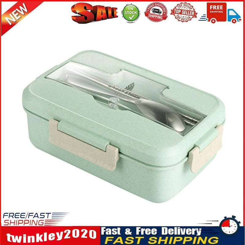 Microwave Lunch Box Wheat Straw Compartments Bento Food Container (Green) Newly