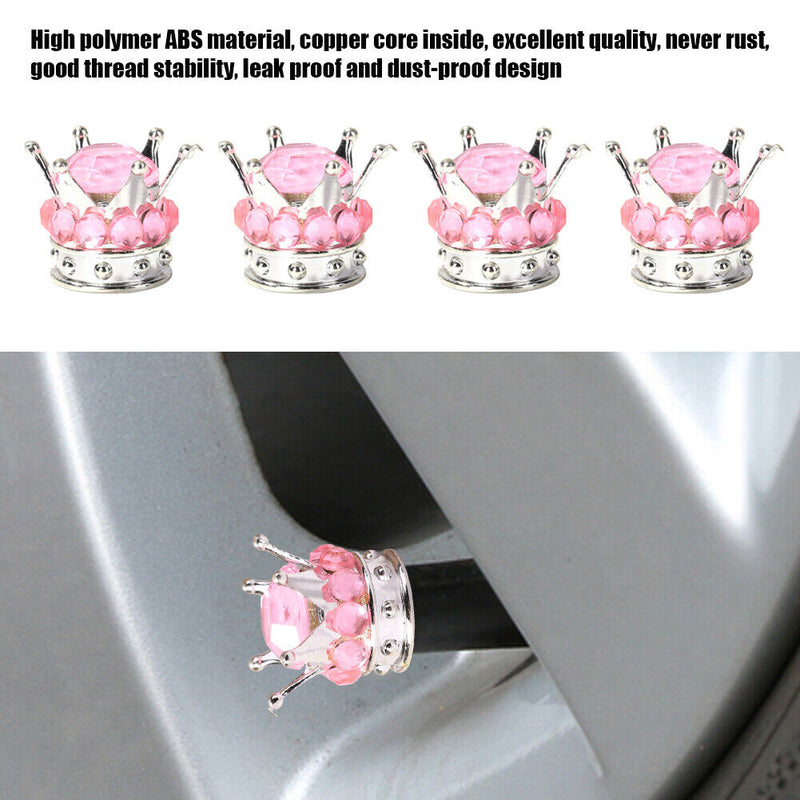 4pcs Car Rhinestone Crown Wheel Tire Valve Caps Auto Dust Air Cover (Pink) Newly
