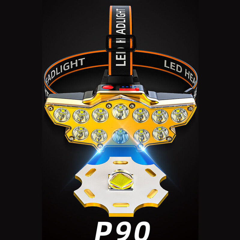 12LED Powerful Night Fishing Headlight USB Rechargeable Long-Range Flashlight