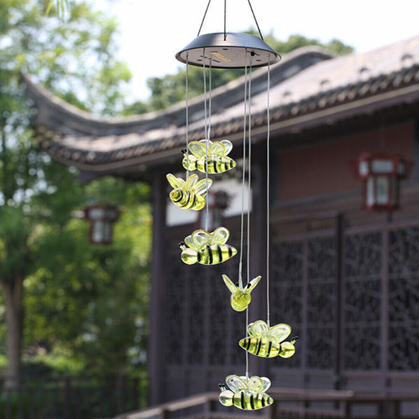 Solar Power Wind Chime Lamps Honey Bee Outdoor Hanging Light Home Garden Decor