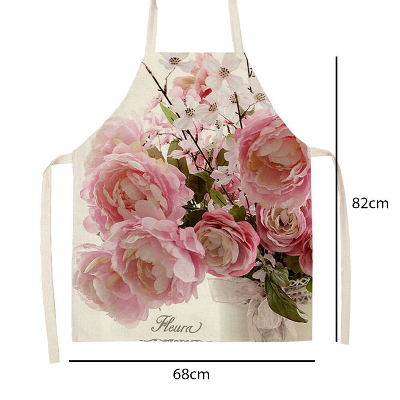 Pink Flower Print Apron Linen Waterproof Cooking Bibs Kitchen (82x68cm)