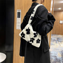 Women Flower Heart Printing Shoulder Bag Fashion Autumn Winter Plush Handbags