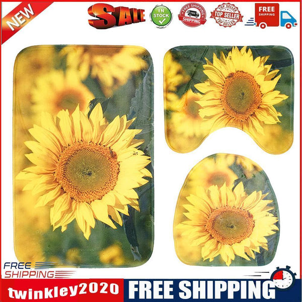 3pcs/set Bathroom Non-slip Rugs Bath Floor Toilet Cover Pads (Sunflower)