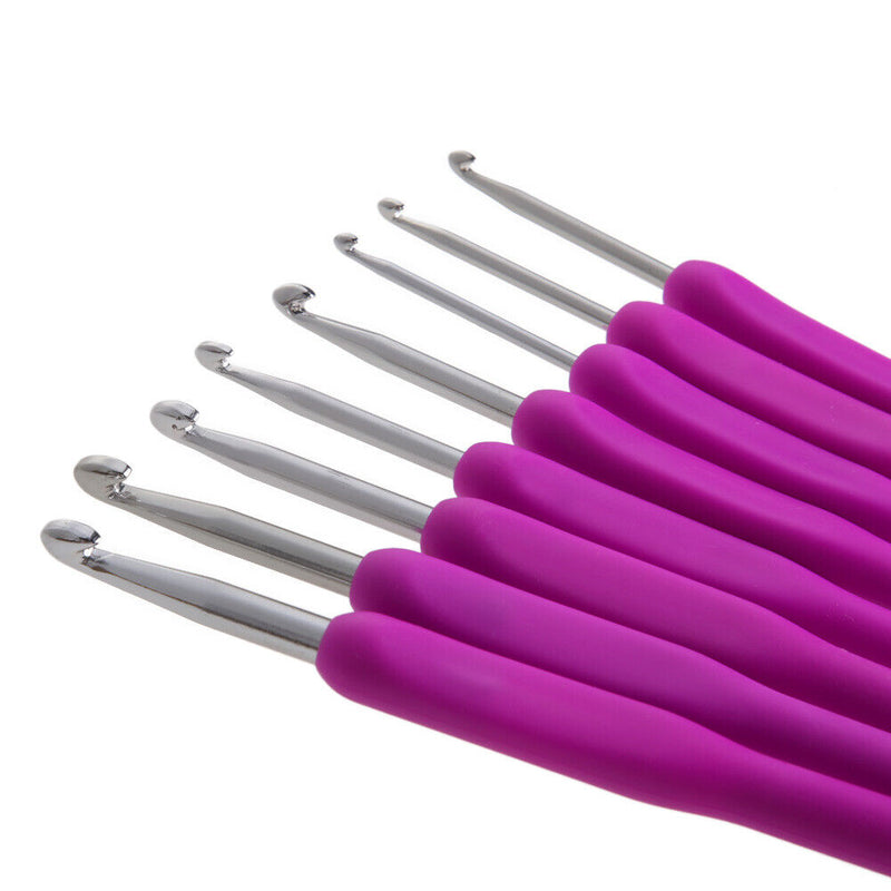 8 sizes Soft Plastic Handle Home Aluminum Crochet Knit Hook Needle Purple Newly