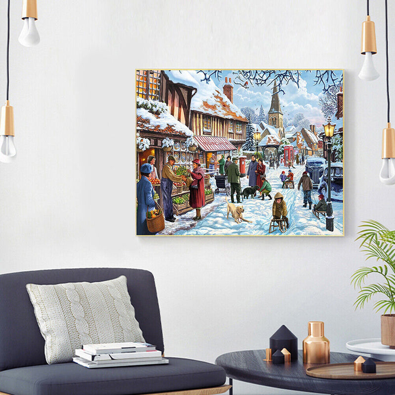 Oil Paint By Numbers Winter Street Frameless Picture Craft Kit for Living Room