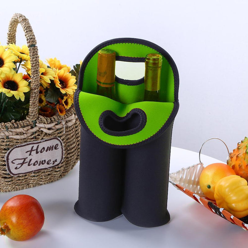 2 Bottles Neoprene Cooler Wine-bottle Bag Protective Cover (Green+Black)