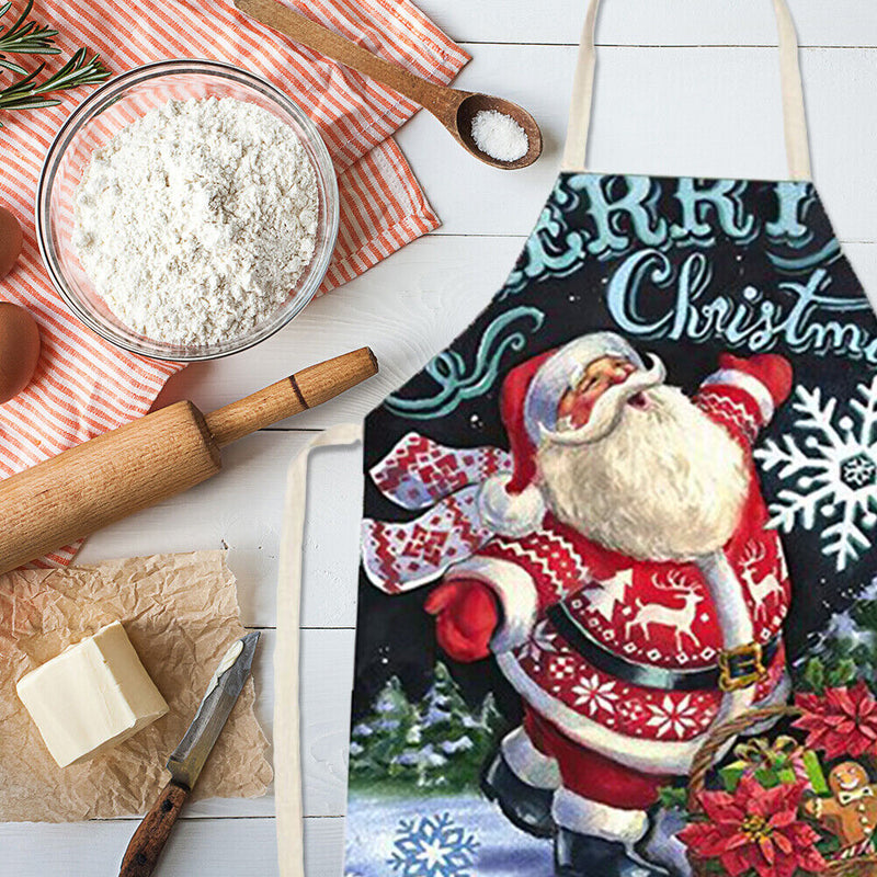 Santa Claus Printed Kitchen Apron Cotton Linen Oil-proof Waterproof Home Cooking