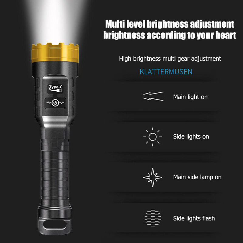 LED Flashlight Bright USB Rechargeable Waterproof Torch Lamp for Camping Hiking