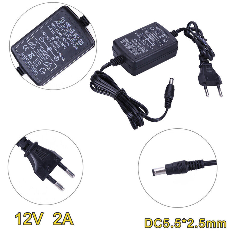 AC to DC Power Adapter 12V 2A Dual Cable Converter Universal 5.5x2.1-2.5mm