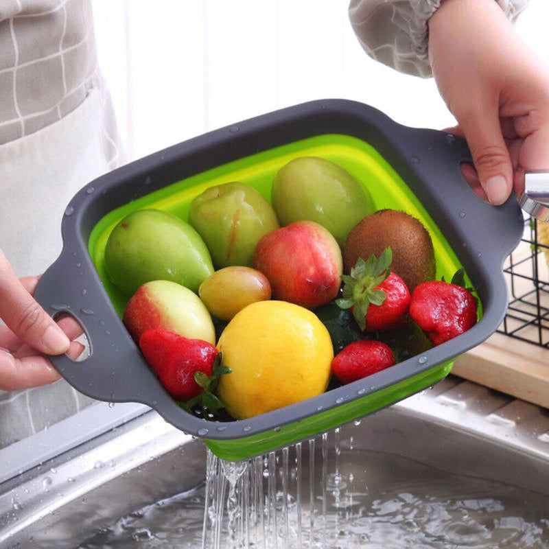 Folding Silicone Drain Basket Fruit Vegetable Washing Strainer (Green L)