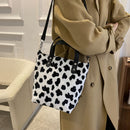 Women Soft Warm Plush Cow Pattern Handbags Female Travel Fluffy Underarm Bags