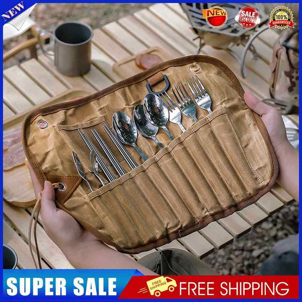 12pcs Camping Tableware Storage Bag Cutlery Organizer Roll BBQ Picnic Carry Case