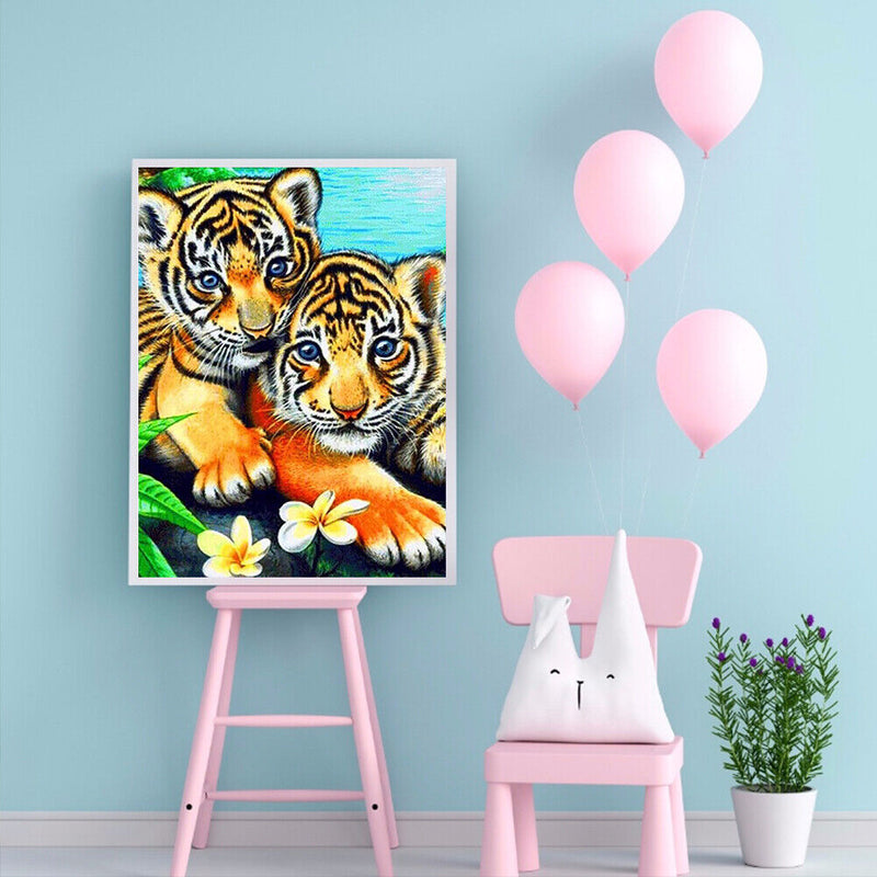 5D DIY Diamond Painting Two Tiger Kits Full Round Drill Wall Rhinestone Decor