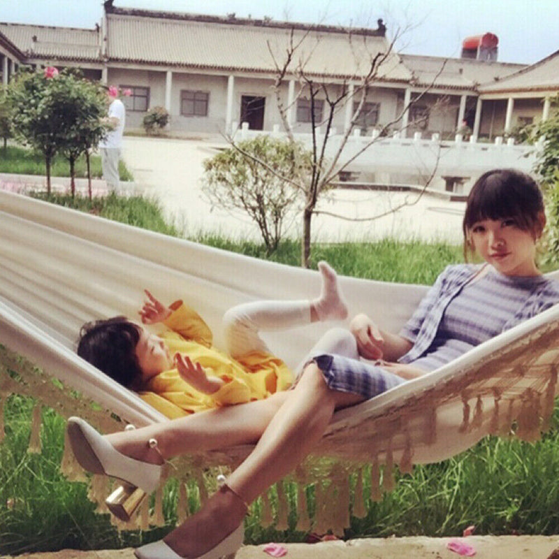 Camping Pure Double Hammock Outdoor Backyard Canvas Tassel Sleeping Swing Bed