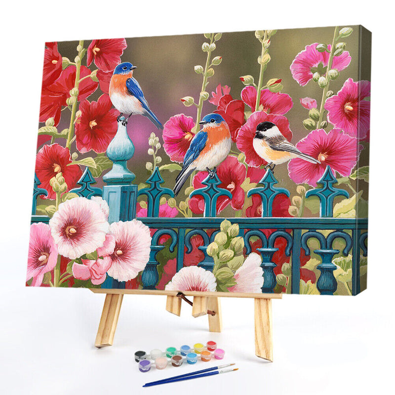 Fence Birds Flowers Oil Paint By Numbers Kit DIY Acrylic Painting on Canvas