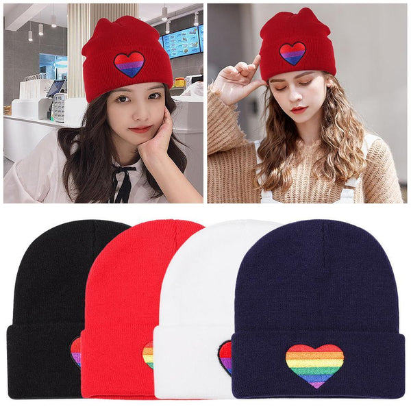 Embroidery Christmas Gift Love Heart Beanies Hats Rainbow Knit Cap Knitted Hats