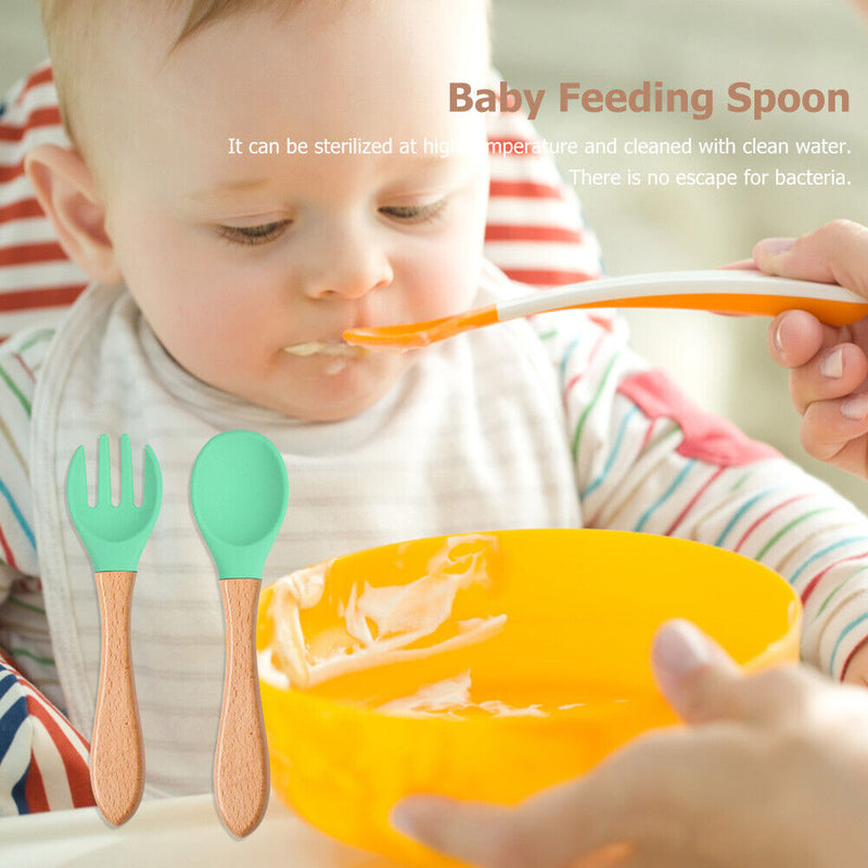 Baby Wooden Silicone Feeding Spoon Toddlers BPA-free Tableware (13) Newly
