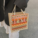 Women Linen Shoulder Bag Retro Ethnic Large Tassels Tote Handbag (Orange)