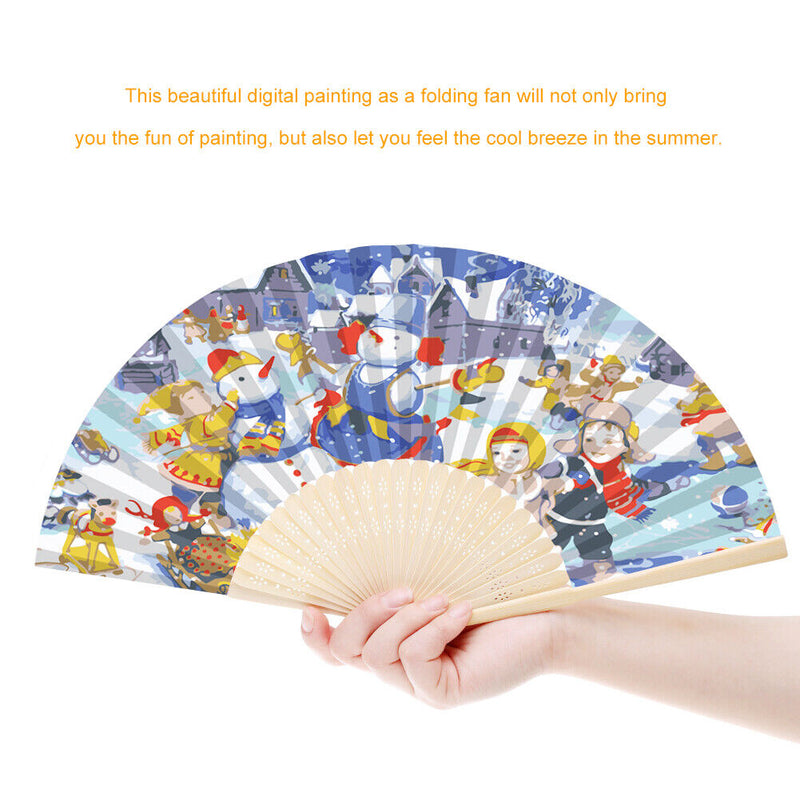 Hand Painted Folding Fan Oil Paint By Numbers DIY Snowman Kid Drawing Craft Gift