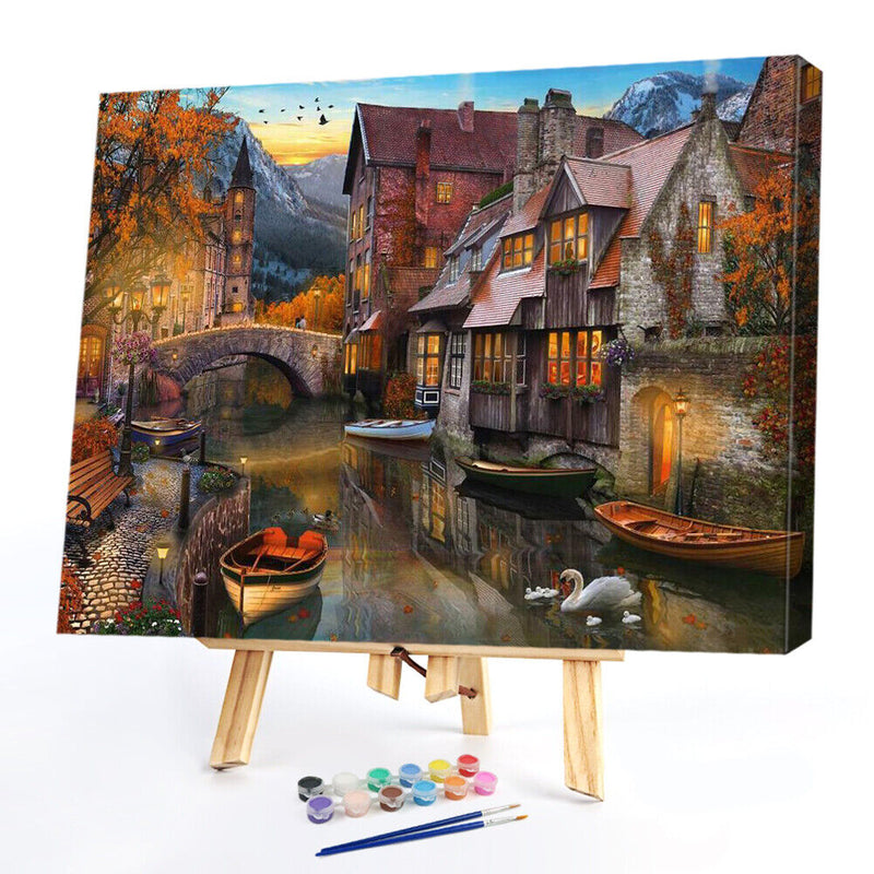Frameless Oil Painting Arts Picture By Number Riverside Town Hand Painted Craft