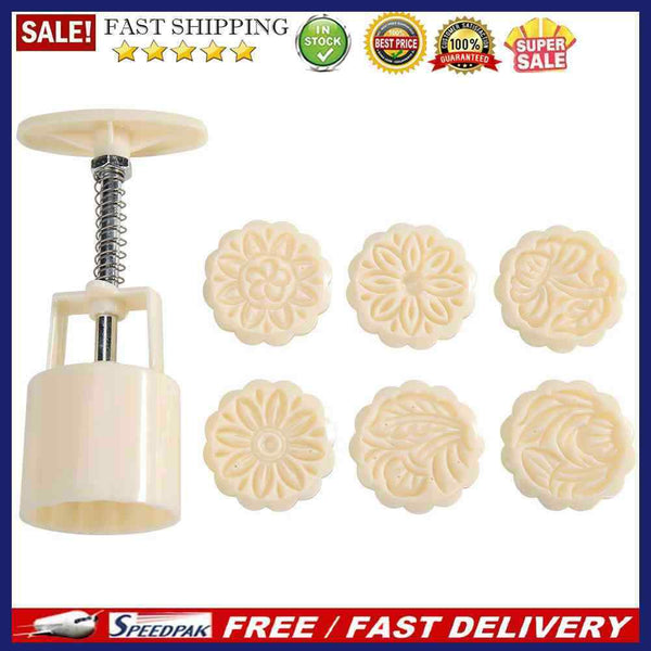 7pcs Stamps Round Mooncake Mould Hand Pressed Cake Decor Kitchen DIY Baking