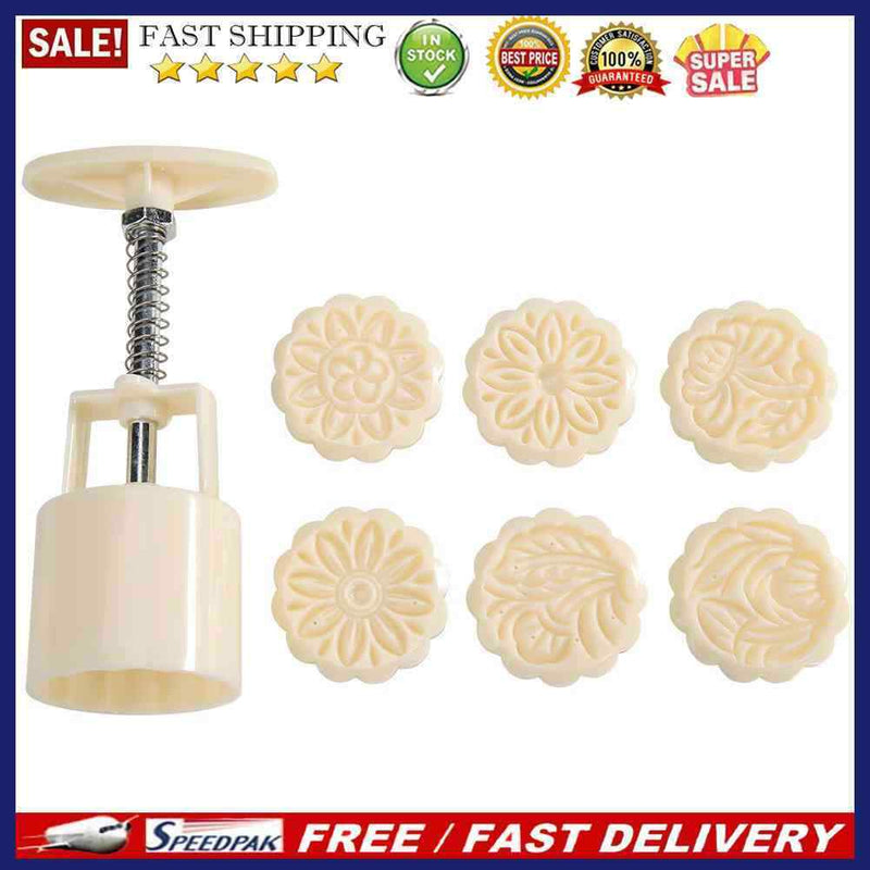 7pcs Stamps Round Mooncake Mould Hand Pressed Cake Decor Kitchen DIY Baking