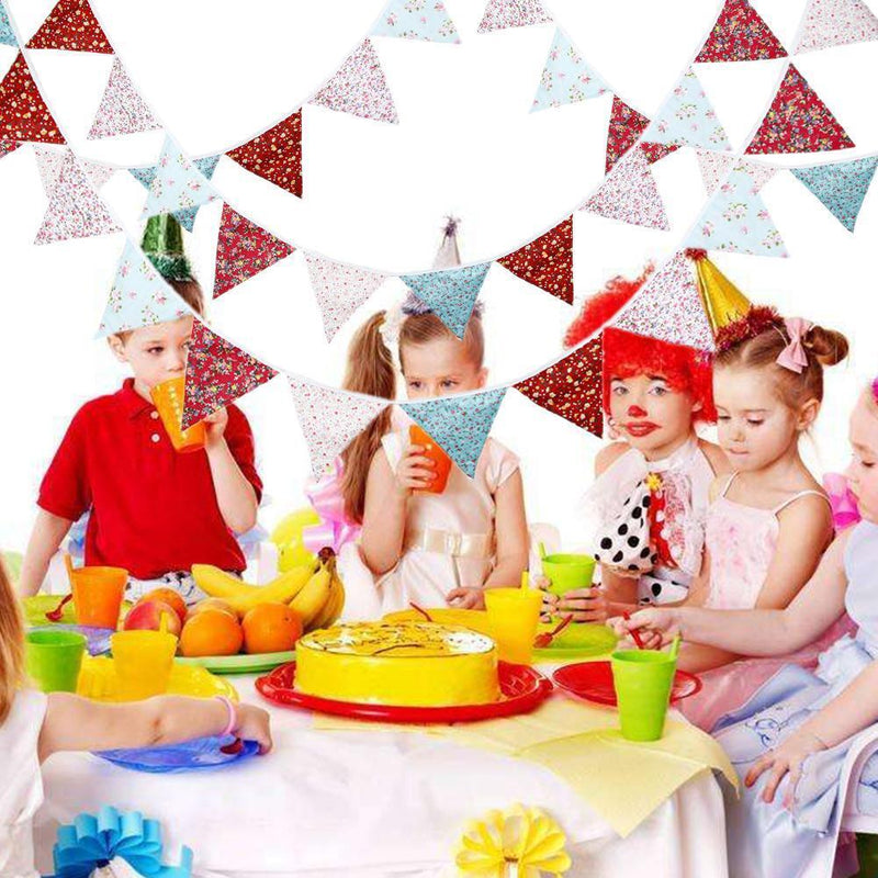 12 Flags Red Pink Blue Cotton Fabric Bunting Pennant Banner Birthday Party