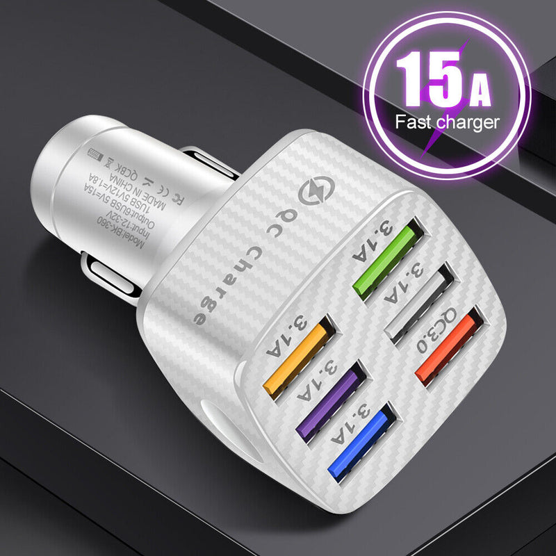 #A 6 in 1 75W 15A QC 3.0 USB Car Chargers Fast Charging Adapter for Mobile Phone