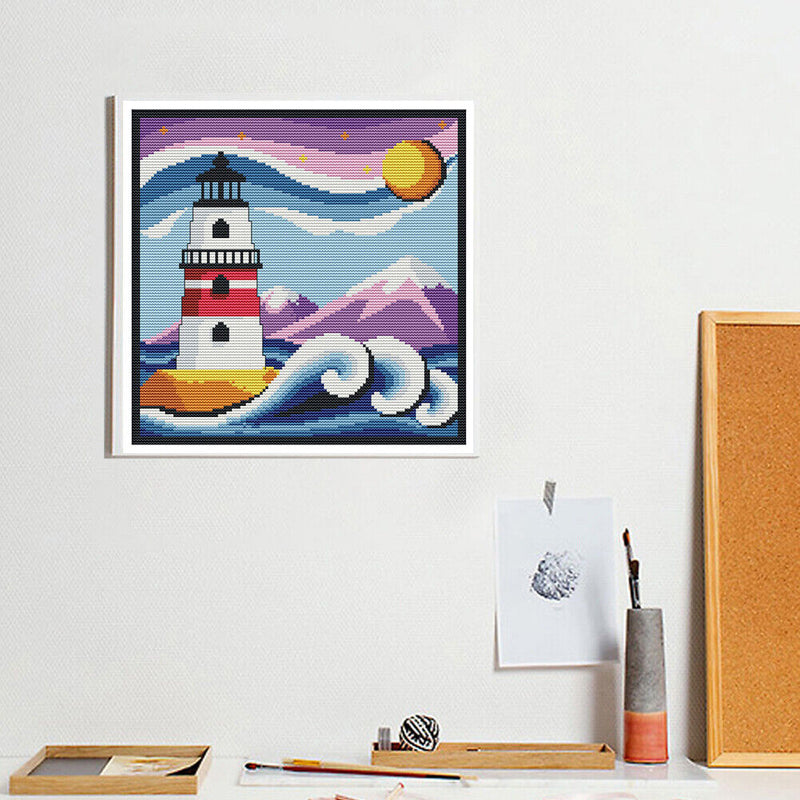 2 Beaches Full Embroidery Cartoon Lighthouse Printed Cross Stitch Art Home Decor
