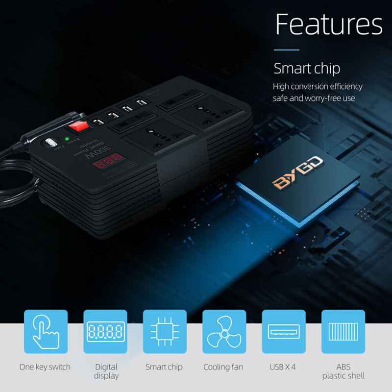 300W Car Inverter DC 12V to 220V Power Converter 4 USB Ports Socket Adapters
