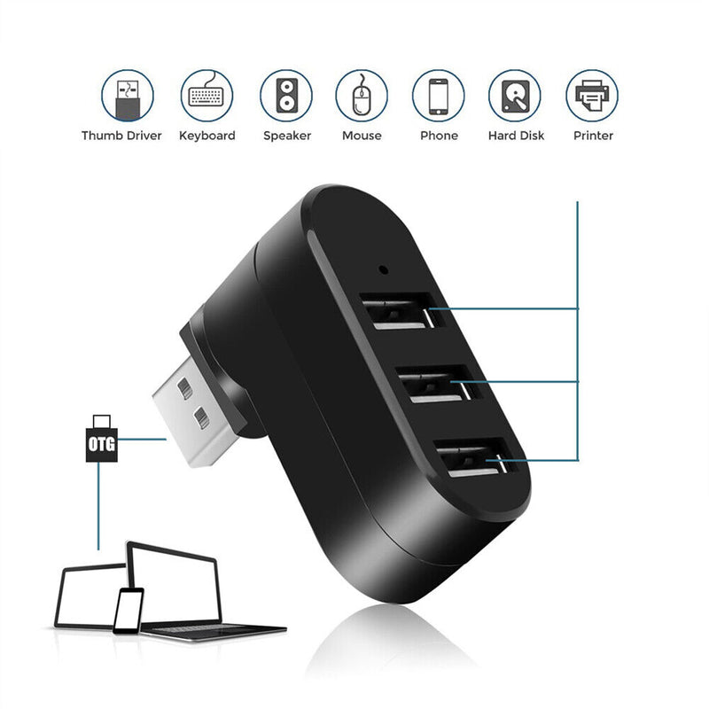 Mini Rotatable 3 Port USB Hub U Disk Reader Splitter for PC (USB 2.0 Black)