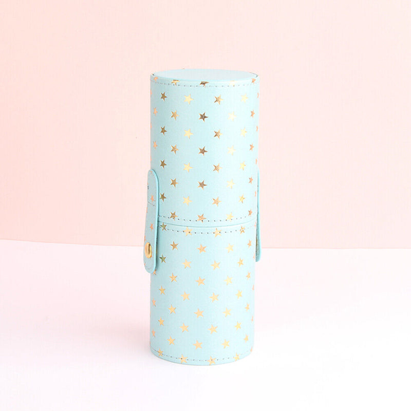 PU Leather Stars Printing Makeup Brush Holder Portable Cosmetic Cup (Blue) Newly