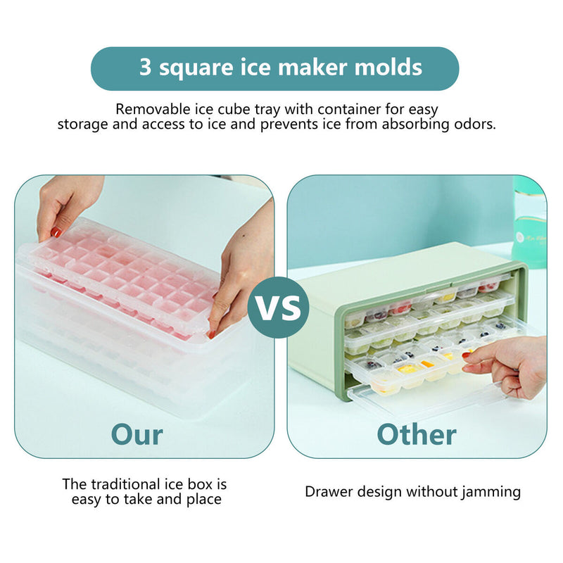 Ice Tray - Ice Cube Tray with Lid and Bin (3 Trays 1 Ice Bucket & Scoop)