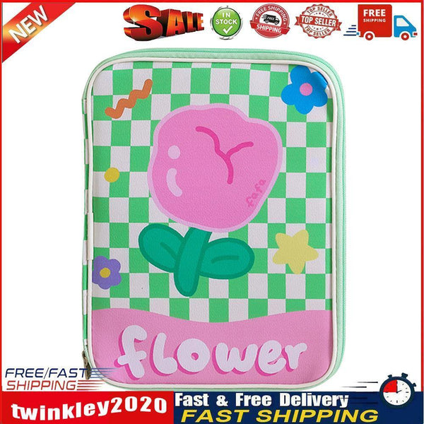 Girl Cartoon PU Checkerboard Pattern Tablet Case Zipper Clutch (Green) Newly