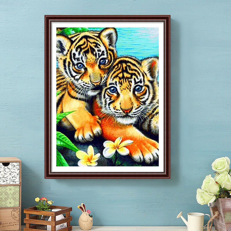 5D DIY Diamond Painting Two Tiger Kits Full Round Drill Wall Rhinestone Decor