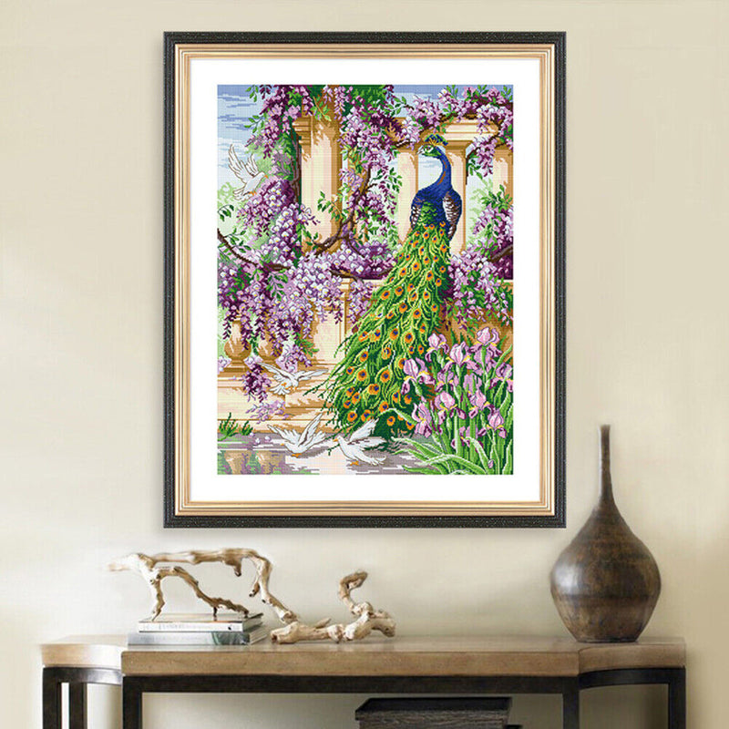 Full Embroidery DIY Canvas Stamped 11CT Cross Stitch Peafowl Flower Kit