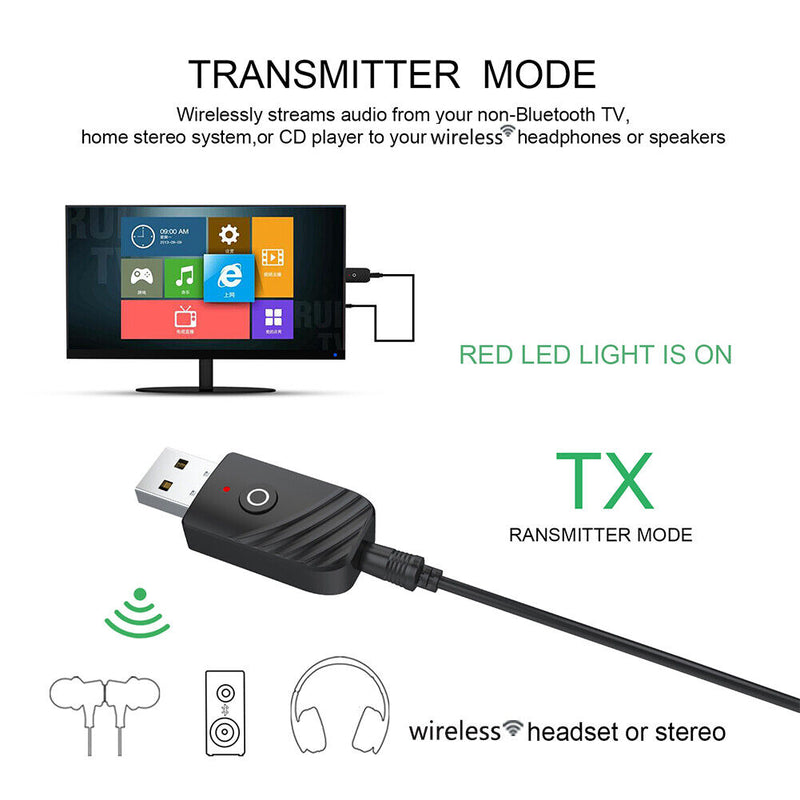 3"" 1 Bluetooth 5.0 Audio Transmitter Receiver AUX USB Wireless Music Adapter