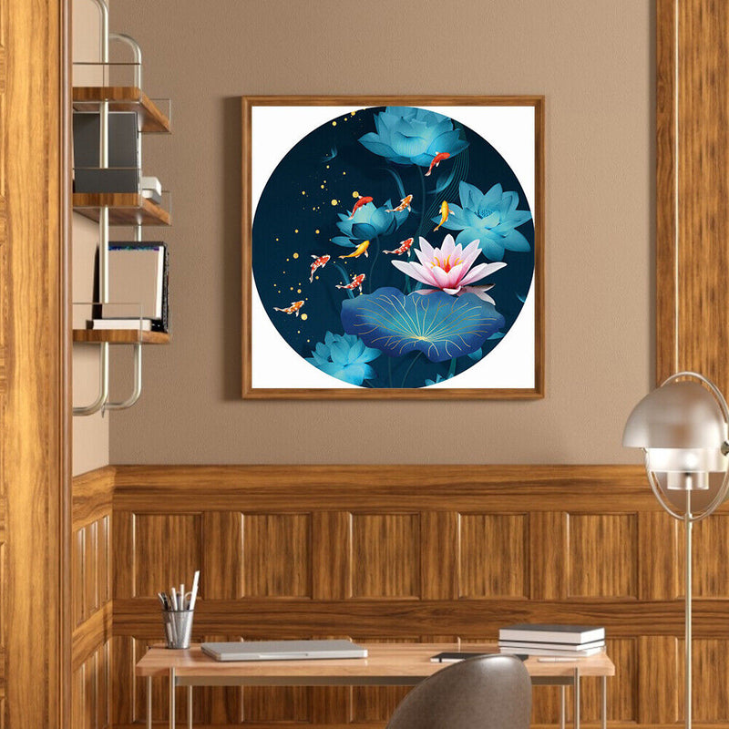 11CT Partial Stamped Embroidery Kit Round Lotus Fish Cross Stitch Needlework DIY