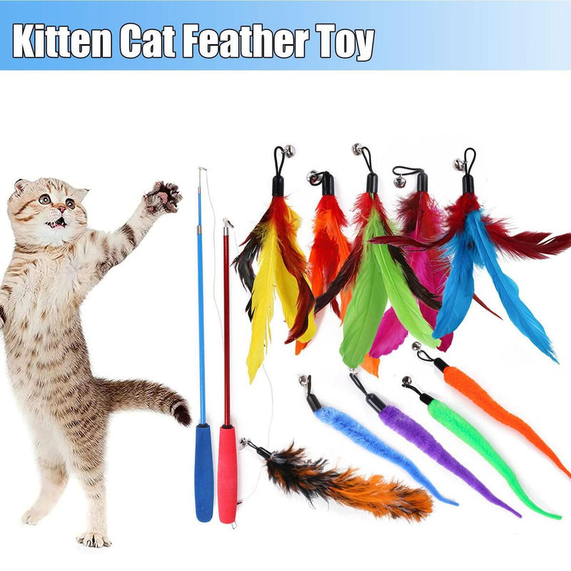 12x Kätzchen Katze Feder Spielzeug Glocke Zauberstab Teaser Rod Interactive Pla.