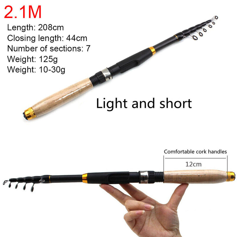 Ultra Short Telescopic Mini Spinning Fishing Rod Carbon Fiber Pole (2.1m)