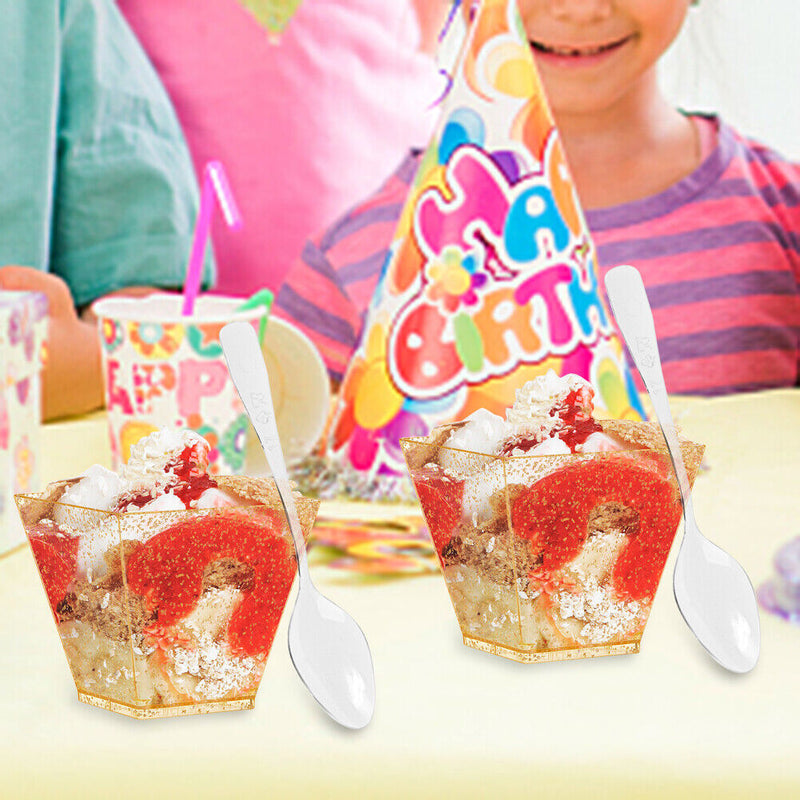 50pcs Dessert Cup Golden Dot Cake Cup with Spoon Set for Jelly Mousse Ice C