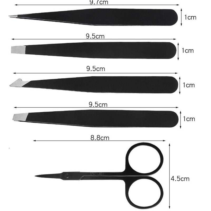 Eyebrow Tweezer Stainless Steel Point Tip with Storage Bag Tool Set (Black)