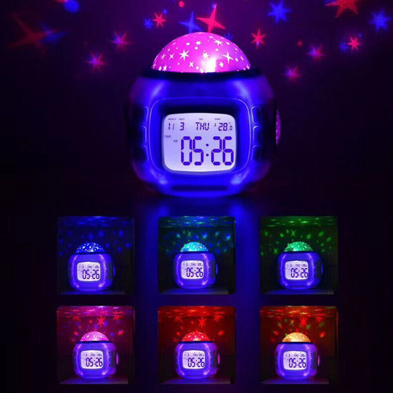 Music Alarm Clock Color Change Sky Star Projector Night Lamp Glowing Alarm Clock