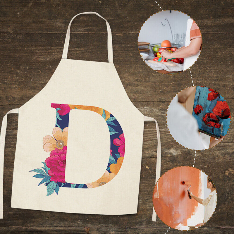 Flower D Print Linen Apron Simple Waterproof Kitchen Cooking Bib (68x55cm)