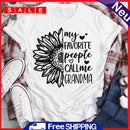 White M Letter Fashion Grandma Round Neck Women Short Sleeve T-Shirt - 07955